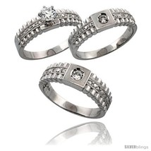 Size 5.5 - Sterling Silver 3-Piece His 6.5 mm &amp; Hers 6 mm Trio Wedding Ring Set  - £130.05 GBP