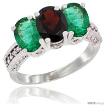 Size 7 - 10K White Gold Natural Garnet &amp; Emerald Ring 3-Stone Oval 7x5 mm  - £508.02 GBP