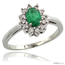 Size 5 - 10k White Gold Emerald Diamond Halo Ring Oval Shape 1.2 Carat 6X4 mm,  - £520.90 GBP