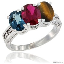 Size 10 - 10K White Gold Natural London Blue Topaz, Ruby &amp; Tiger Eye Ring  - £449.41 GBP