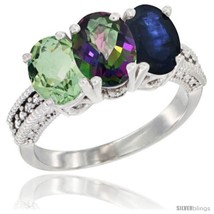 Size 6 - 14K White Gold Natural Green Amethyst, Mystic Topaz &amp; Blue Sapphire  - £620.23 GBP