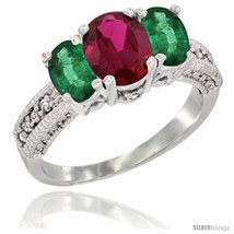 Size 7 - 10K White Gold Ladies Oval Natural Ruby 3-Stone Ring with Emerald  - £469.63 GBP