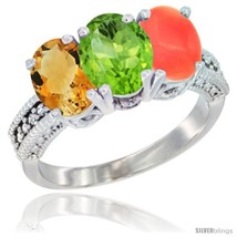 Size 9.5 - 10K White Gold Natural Citrine, Peridot &amp; Coral Ring 3-Stone Oval  - £438.82 GBP