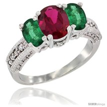 Size 8 - 10K White Gold Ladies Oval Natural Ruby 3-Stone Ring with Emerald  - £467.94 GBP