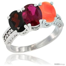 Size 7.5 - 14K White Gold Natural Garnet, Ruby &amp; Coral Ring 3-Stone 7x5 mm Oval  - £581.78 GBP