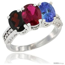 Size 7.5 - 14K White Gold Natural Garnet, Ruby &amp; Tanzanite Ring 3-Stone 7x5 mm  - £618.50 GBP