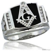 Size 13 - Sterling Silver Men&#39;s Black Onyx Masonic Ring CZ Stones &amp; Frosted  - £63.35 GBP