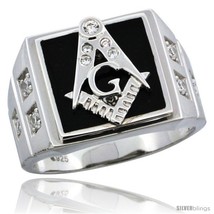 Size 9 - Sterling Silver Men&#39;s Black Onyx Masonic Ring CZ Stones &amp; Square  - £55.81 GBP