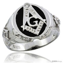 Size 8 - Sterling Silver Men&#39;s Black Onyx Masonic Ring CZ Stones &amp; Textured  - £47.84 GBP