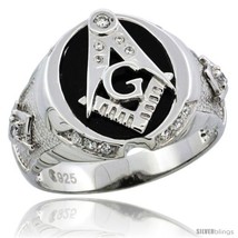 Size 9 - Sterling Silver Men&#39;s Black Onyx Masonic Ring CZ Stones &amp; Textured  - £47.55 GBP