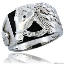 Size 8 - Sterling Silver Men's Black Onyx Horse Ring CZ Stones, 1/2 in (14.5  - £68.69 GBP