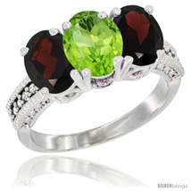 Size 8 - 10K White Gold Natural Peridot &amp; Garnet Sides Ring 3-Stone Oval 7x5 mm  - £446.42 GBP