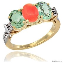 Size 5 - 10K Yellow Gold Natural Coral &amp; Green Amethyst Sides Ring 3-Stone Oval  - £441.31 GBP