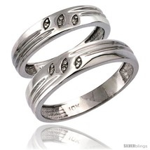 Size 5.5 - 14k White Gold 2-Pc His (5mm) &amp; Hers (4.5mm) Diamond Wedding Ring  - £588.06 GBP