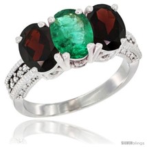 Size 10 - 14K White Gold Natural Emerald &amp; Garnet Sides Ring 3-Stone 7x5 mm  - £604.66 GBP