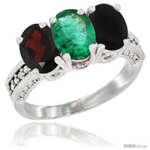 Size 5.5 - 14K White Gold Natural Garnet, Emerald &amp; Black Onyx Ring 3-Stone 7x5  - £585.09 GBP