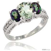 Size 5.5 - 14k White Gold Ladies Oval Natural Green Amethyst 3-Stone Ring with  - £554.70 GBP