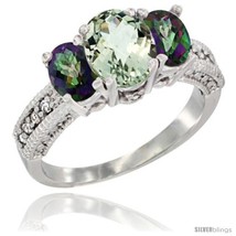 Size 6.5 - 14k White Gold Ladies Oval Natural Green Amethyst 3-Stone Ring with  - £563.57 GBP