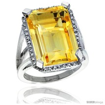 Size 9 - Sterling Silver Diamond Natural Citrine Ring 14.96 ct Emerald Shape  - £367.85 GBP