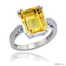 Size 7 - Sterling Silver Diamond Natural Citrine Ring 5.83 ct Emerald Shape  - £215.18 GBP