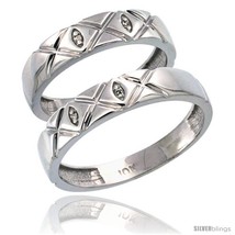 Size 5 - 14k White Gold 2-Pc His (5mm) &amp; Hers (4.5mm) Diamond Wedding Ring Band  - £626.70 GBP