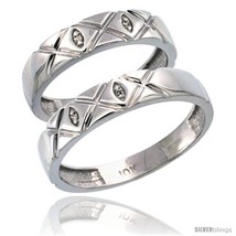 Size 7.5 - 14k White Gold 2-Pc His (5mm) &amp; Hers (4.5mm) Diamond Wedding Ring  - £628.34 GBP