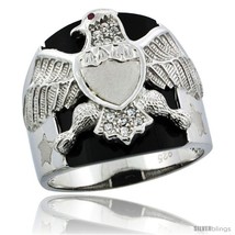 Size 8 - Sterling Silver Men&#39;s Black Onyx American Eagle Ring CZ Stones, 5/8 in  - £67.91 GBP