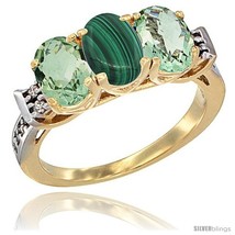Size 6 - 10K Yellow Gold Natural Malachite &amp; Green Amethyst Sides Ring 3-Stone  - £432.02 GBP