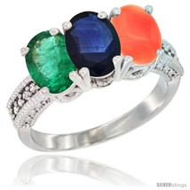 Size 9 - 10K White Gold Natural Emerald, Blue Sapphire &amp; Coral Ring 3-Stone  - £481.57 GBP