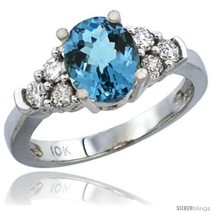 Size 7 - 10K White Gold Natural London Blue Topaz Ring Oval 9x7 Stone Diamond  - £657.91 GBP