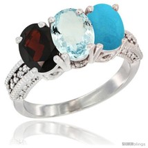 Size 5 - 10K White Gold Natural Garnet, Aquamarine &amp; Turquoise Ring 3-Stone  - £455.37 GBP