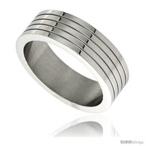 Size 8 - Surgical Steel 7mm Wedding Band Ring 4 Grooves Polished  - £13.28 GBP