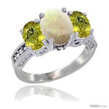 Size 5.5 - 14K White Gold Ladies 3-Stone Oval Natural Opal Ring with Lemon  - £651.46 GBP