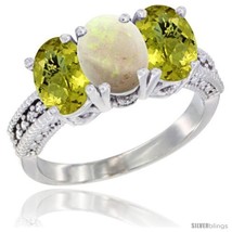 Size 5.5 - 14K White Gold Natural Opal Ring with Lemon Quartz 3-Stone 7x5 mm  - £579.31 GBP