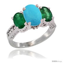 Size 7 - 10K White Gold Ladies Natural Turquoise Oval 3 Stone Ring with Emerald  - £570.47 GBP