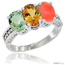 Size 9.5 - 14K White Gold Natural Green Amethyst, Citrine &amp; Coral Ring 3-Stone  - $717.88