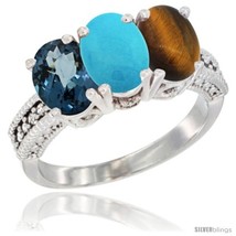 Size 7 - 10K White Gold Natural London Blue Topaz, Turquoise &amp; Tiger Eye Ring  - £462.25 GBP