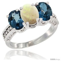 Size 8.5 - 10K White Gold Natural Opal &amp; London Blue Topaz Sides Ring 3-Stone  - $559.46