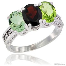 Size 9.5 - 14K White Gold Natural Green Amethyst, Garnet &amp; Peridot Ring 3-Stone  - £578.26 GBP