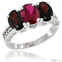 Size 9.5 - 10K White Gold Natural Ruby &amp; Garnet Sides Ring 3-Stone Oval 7x5 mm  - £450.83 GBP