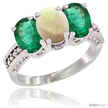 Size 7 - 10K White Gold Natural Opal &amp; Emerald Ring 3-Stone Oval 7x5 mm Diamond  - £505.99 GBP