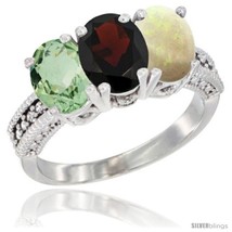 Size 10 - 14K White Gold Natural Green Amethyst, Garnet &amp; Opal Ring 3-St... - £573.99 GBP