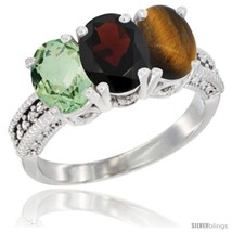 Size 6.5 - 14K White Gold Natural Green Amethyst, Garnet &amp; Tiger Eye Ring  - £567.51 GBP