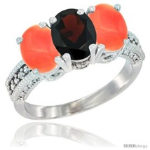 Size 8 - 14K White Gold Natural Garnet Ring with Coral 3-Stone 7x5 mm Oval  - £559.12 GBP