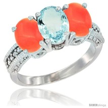 Size 6 - 14K White Gold Natural Aquamarine Ring with Coral 3-Stone 7x5 mm Oval  - £584.06 GBP
