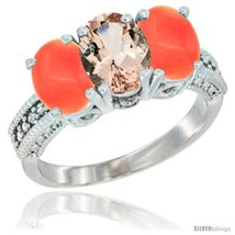 Size 5 - 14K White Gold Natural Morganite Ring with Coral 3-Stone 7x5 mm Oval  - £577.58 GBP