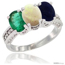 Size 6 - 10K White Gold Natural Emerald, Opal &amp; Lapis Ring 3-Stone Oval 7x5 mm  - £458.12 GBP