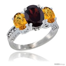 Size 7 - 14K White Gold Ladies 3-Stone Oval Natural Garnet Ring with Whisky  - £643.48 GBP