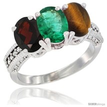Size 7.5 - 10K White Gold Natural Garnet, Emerald &amp; Tiger Eye Ring 3-Stone Oval  - £466.41 GBP