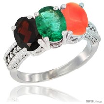 Size 8 - 10K White Gold Natural Garnet, Emerald &amp; Coral Ring 3-Stone Oval 7x5  - £470.78 GBP